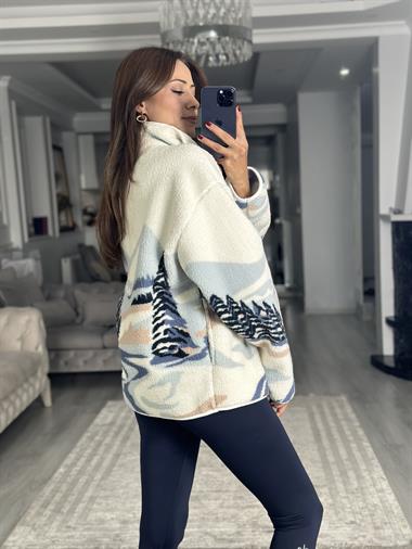 Beyaz Dağ Manzaralı Yarım Fermuarlı Desenli Kadın Sweatshirt