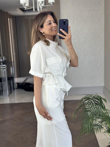 Beyaz Dokulu Beli Bağcıklı Ceket Pantolon Kadın Alt Üst Takım