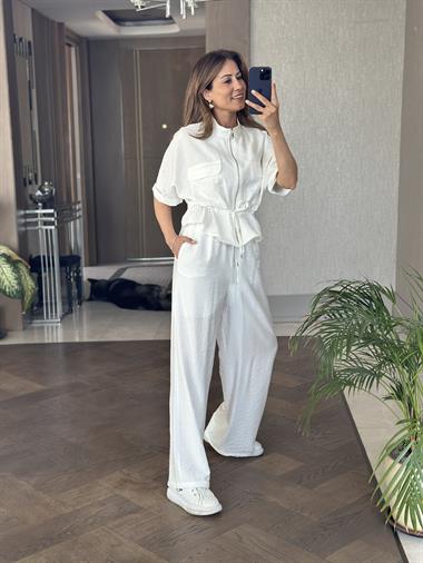 Beyaz Dokulu Beli Bağcıklı Ceket Pantolon Kadın Alt Üst Takım