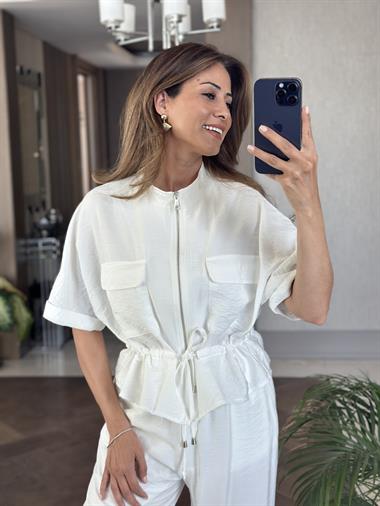 Beyaz Dokulu Beli Bağcıklı Ceket Pantolon Kadın Alt Üst Takım