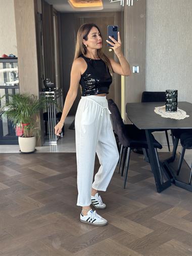 Beyaz Duble Paça Örgü Kemerli Tnsel Kadın Pantolon