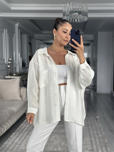 Beyaz Düşük Omuzlu Oversize Kadın Gömlek