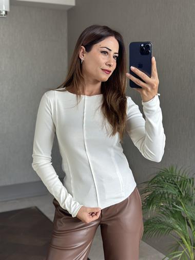 Beyaz Eteği Oval Bisiklet Yaka Uzun Kol Dikiş Detay Kadın Body