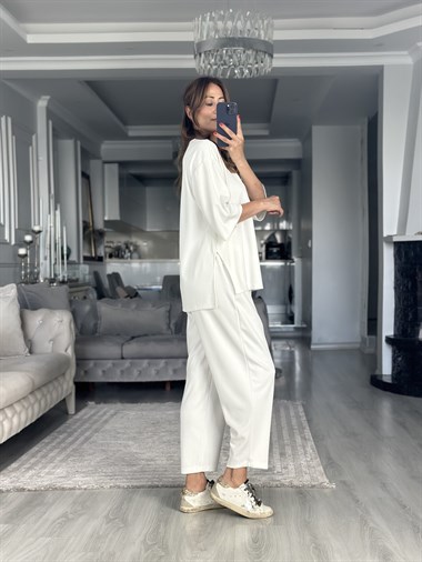 Beyaz Fakir Kol Yırtmaçlı Oversize Modal Kadın İkili Takım