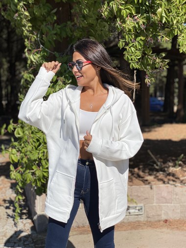 Beyaz Oversize Fermuarlı Kapüşonlu İki İplik Kadın Sweatshirt