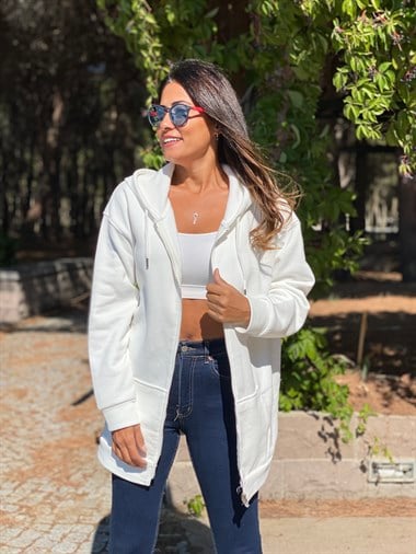 Beyaz Oversize Fermuarlı Kapüşonlu İki İplik Kadın Sweatshirt