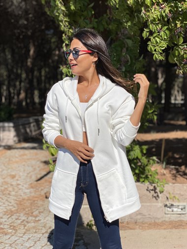 Beyaz Oversize Fermuarlı Kapüşonlu İki İplik Kadın Sweatshirt