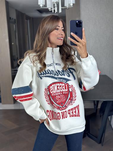 Beyaz Fermuarlı Önü Ve Kolu Baskılı Kadın Sweatshirt