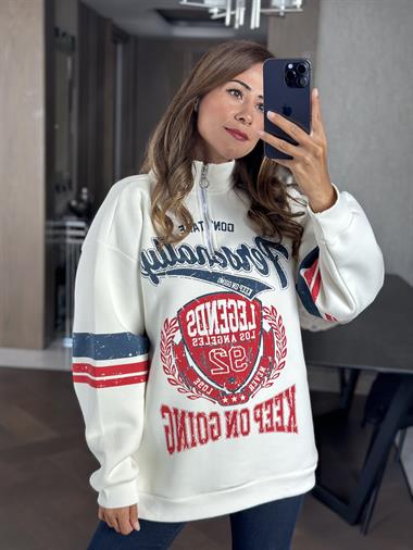 Beyaz Fermuarlı Önü Ve Kolu Baskılı Kadın Sweatshirt