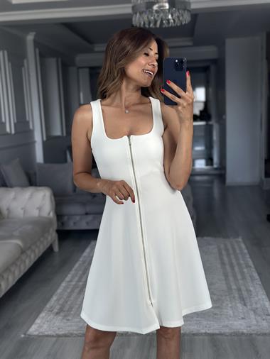 Beyaz Fermuarlı Sıfır Kol Ottoman Kumaş Mini Kadın Elbise