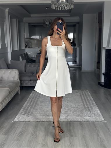 Beyaz Fermuarlı Sıfır Kol Ottoman Kumaş Mini Kadın Elbise