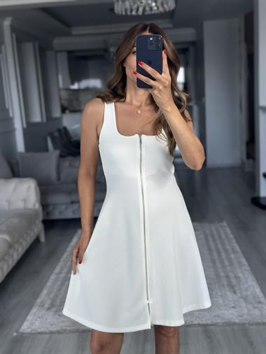 Beyaz Fermuarlı Sıfır Kol Ottoman Kumaş Mini Kadın Elbise