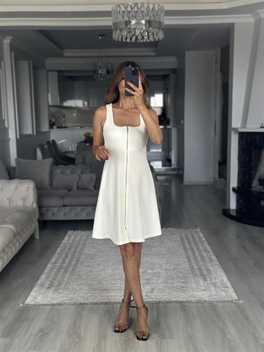 Beyaz Fermuarlı Sıfır Kol Ottoman Kumaş Mini Kadın Elbise