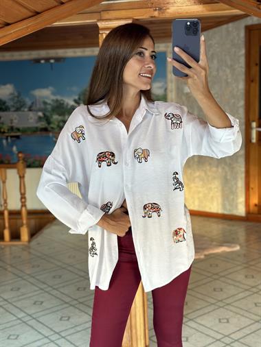 Beyaz Fil Nakışlı Keten Aerobin Kadın Gömlek