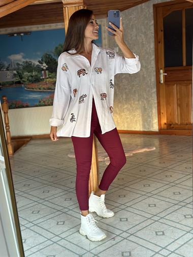 Beyaz Fil Nakışlı Keten Aerobin Kadın Gömlek