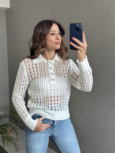 Beyaz File Örgü Polo Yaka Düğmeli Kadın Triko Kazak