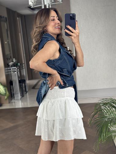 Beyaz Fisto Beli Gipeli Kadın Mini Etek