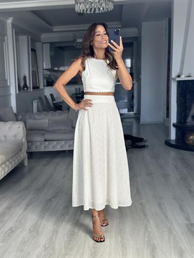 Beyaz Fisto Crop Bluz Etek Kadın İkili Takım