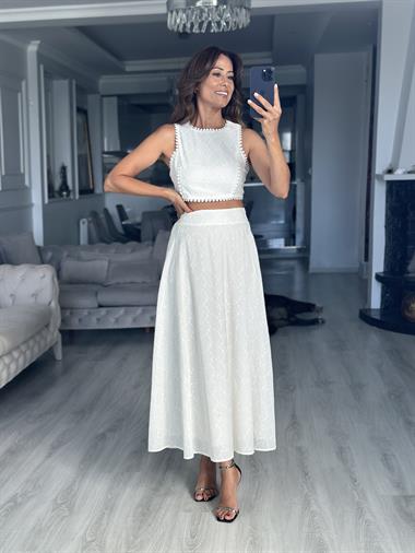 Beyaz Fisto Crop Bluz Etek Kadın İkili Takım