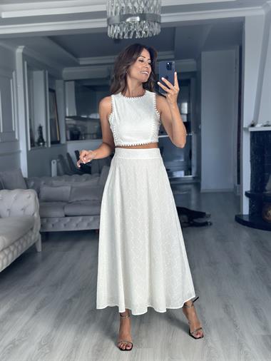 Beyaz Fisto Crop Bluz Etek Kadın İkili Takım