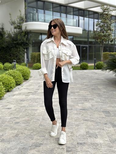 Beyaz Gabardin Garnili Şifon Kadın Gömlek