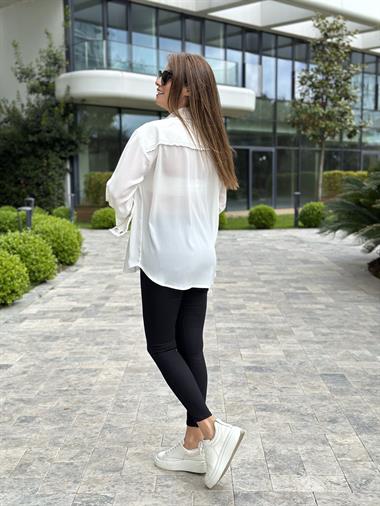 Beyaz Gabardin Garnili Şifon Kadın Gömlek