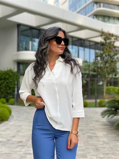 Beyaz Gömlek Yaka Yarasa Kol Aerobin Kadın Bluz