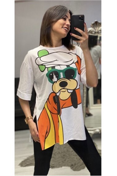 Beyaz Goofy Baskılı T-shirt