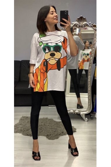 Beyaz Goofy Baskılı T-shirt