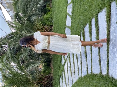 Beyaz Hasır Kemerli Anvelop Örme Brode Kadın Elbise