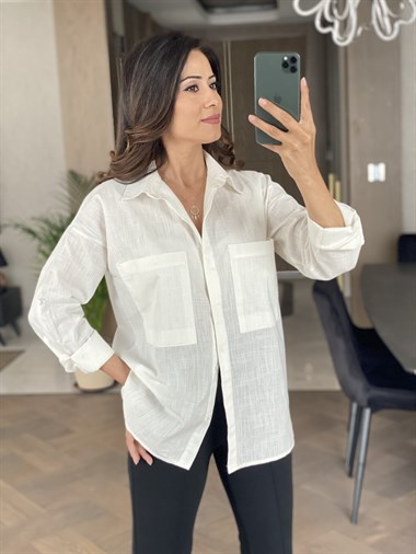 Beyaz İki Cepli Oversize Keten Gömlek