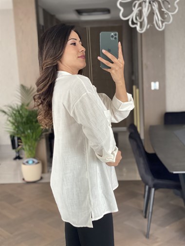 Beyaz İki Cepli Oversize Keten Gömlek
