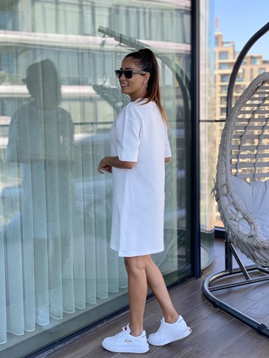 Beyaz İki İplik Kolu Duble Kadın Elbise