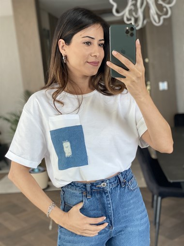 Beyaz Jean Detay Çift Cepli T-Shirt