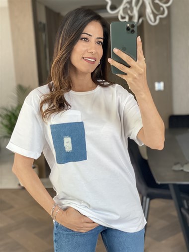 Beyaz Jean Detay Çift Cepli T-Shirt