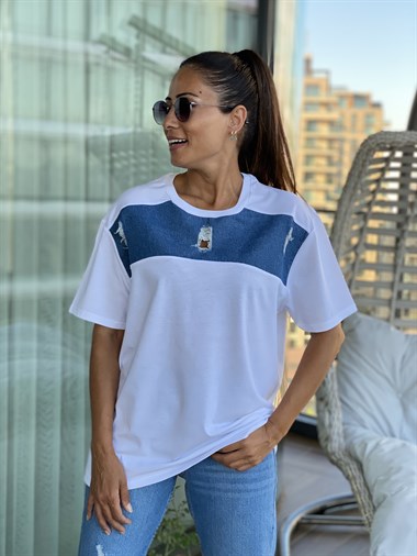 Beyaz Jean Detay Yırtıklı Bisiklet Yaka Kadın T-Shirt