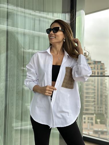 Beyaz Kahve Aplikeli Kadın Gömlek