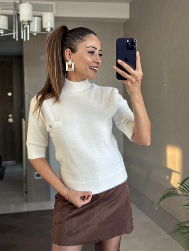 Beyaz Kalp Detay Yarım Balıkçı Kısa Kol Kadın Bluz