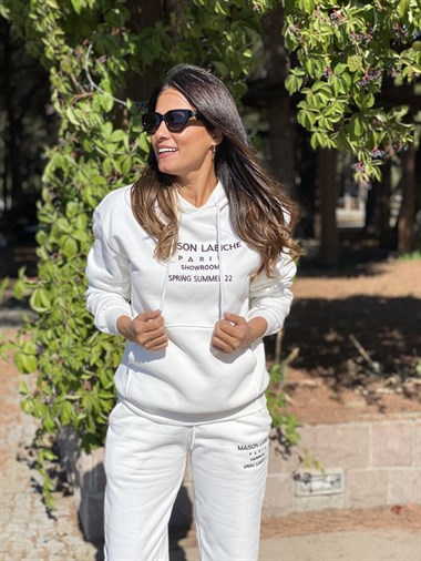 Beyaz Kanguru Cep Yazı Baskılı Kadın Eşofman Takım