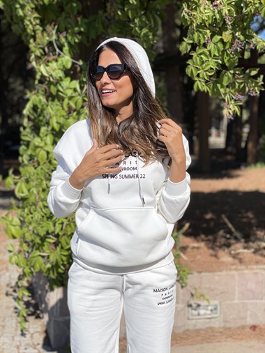 Beyaz Kanguru Cep Yazı Baskılı Kadın Eşofman Takım