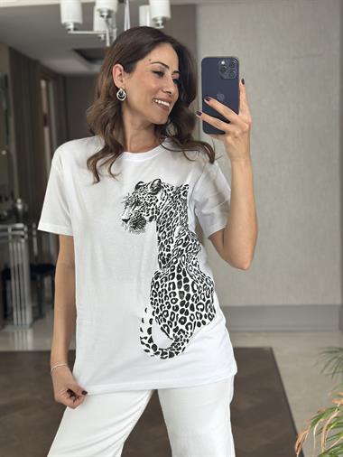 Beyaz Kaplan Taş Baskılı Bisiklet Yaka Kadın T-Shirt