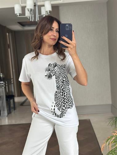 Beyaz Kaplan Taş Baskılı Bisiklet Yaka Kadın T-Shirt