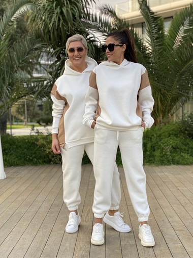 Beyaz Kapüşonlu Arkası Paraşüt Kumaş Eşofman Kadın Takım