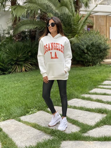 Beyaz Kapüşonlu Los Angeles Baskılı Kadın Sweatshirt