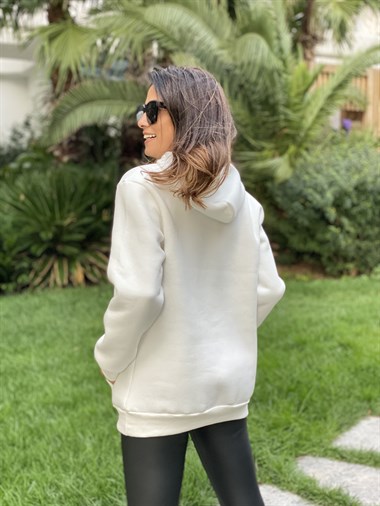 Beyaz Kapüşonlu Los Angeles Baskılı Kadın Sweatshirt