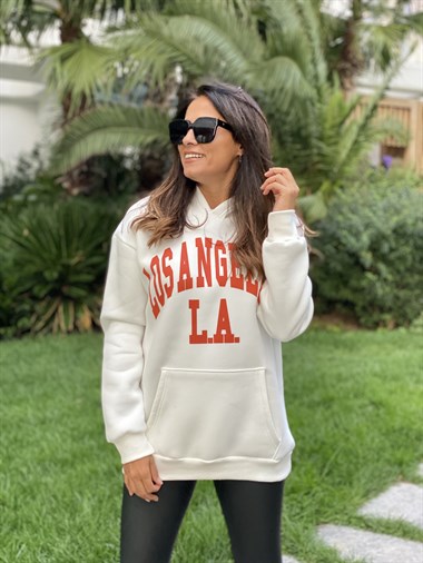 Beyaz Kapüşonlu Los Angeles Baskılı Kadın Sweatshirt