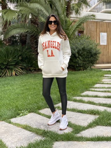 Beyaz Kapüşonlu Los Angeles Baskılı Kadın Sweatshirt