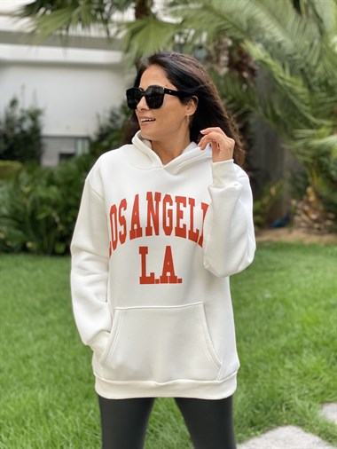 Beyaz Kapüşonlu Los Angeles Baskılı Kadın Sweatshirt