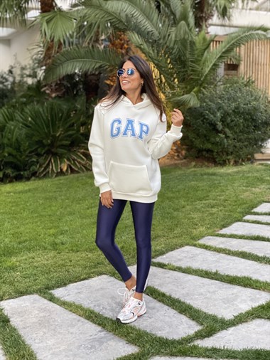 Beyaz Kapüşonlu Marka Baskılı Kadın Sweatshirt