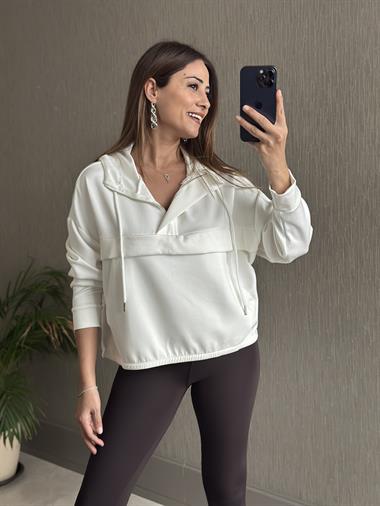 Beyaz Kapüşonlu Yarım Fermuarlı Kanguru Cep Modal Kadın Sweatshirt